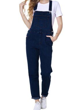 Women's Navy Blue Overalls Jeans Loose Fit Bib Adjustable Straps Denim Jumpsuits